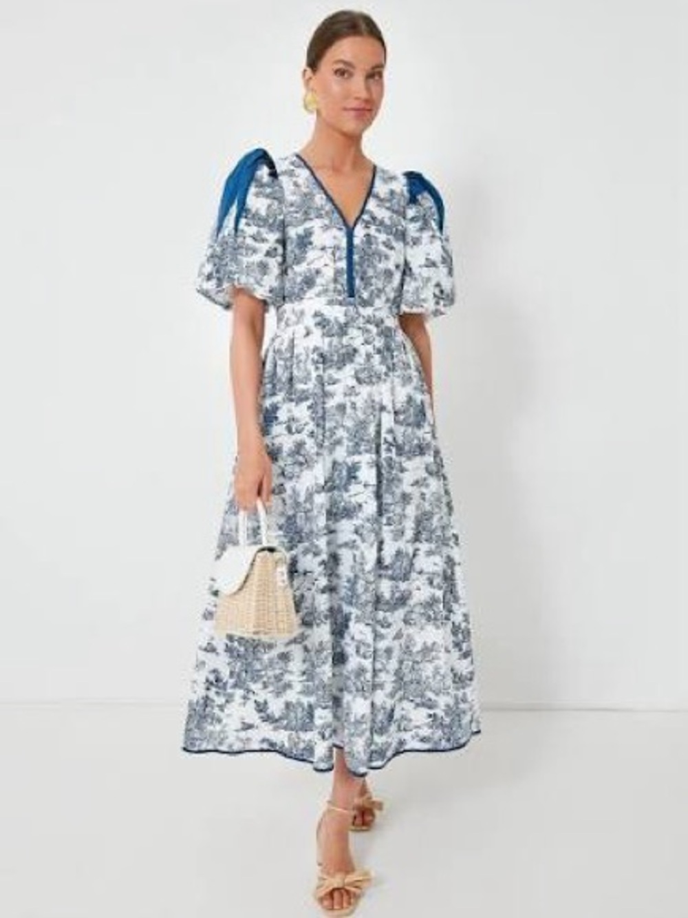 Blue & White Toile V-Neck Maxi Dress with Puff Sleeves